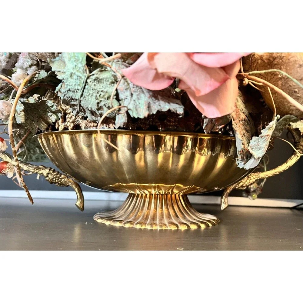Vtg Large Ornate Grapevine Gooseneck Handle Brass Centerpiece Bowl Faux Flowers